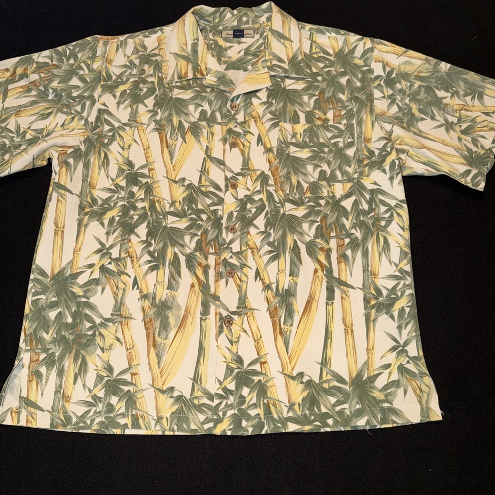 Tommy Bahama Hawaiian 100% Silk Floral Bamboo Print Yellow Green Mens XL